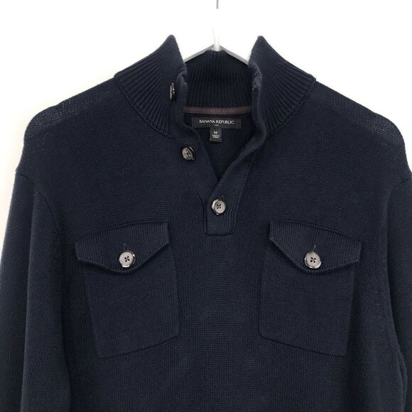 Banana Republic Factory Navy Blue 100% Cotton Quarter Button Pullover Sweater - Picture 3 of 16